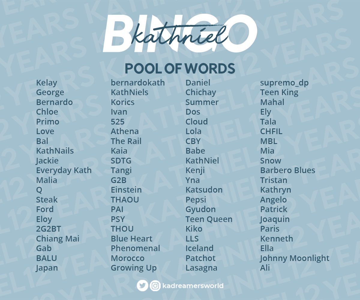 It's Bingo time! 🥳

As we celebrate our anniversary, I invite all of you to play Bingo with us and get an exciting prize when you win! 💙

KATHNIEL12 PREMIERYEARS
#12YearsOfKathNiel