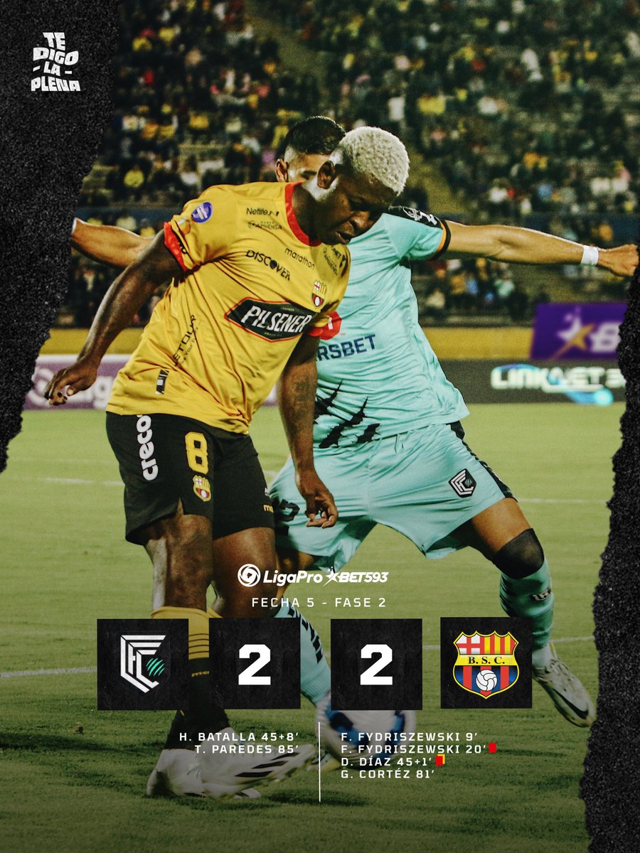 #TeDigoLaPlena | #LigaProBet593 🇪🇨 

FINAL 
<a href="/Cumbaya_Oficial/">Cumbayá Fútbol Club</a> 2️⃣-2️⃣ <a href="/BarcelonaSC/">BARCELONA S.C.</a> 

¡EMPATE EMOCIONANTE QUE NO LE SIRVE A NINGUNO!

Cumbayá y Barcelona igualaron con goles de Batalla y Paredes para los locales. Fydriszewski y Cortéz para #BSC 

🟥 Fydriszewski y Damián Díaz.