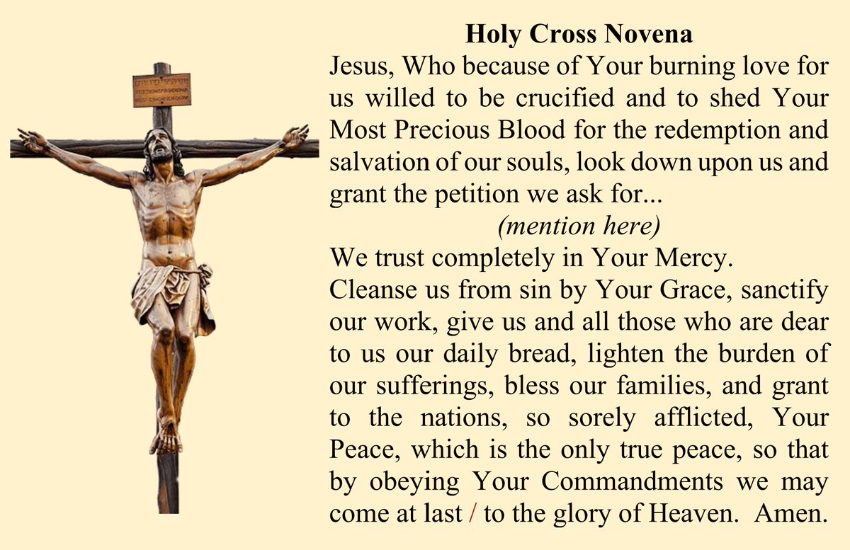 BernardWitek's tweet photo. Holy Cross Novena can be used as preparation (Sep 5-13) for the Feast of the Exaltation of the Holy Cross (Sep 14)
#prayers #novena #HolyCross #TrueCross #Jesus #JesusChrist #Catholic #CatholicTwitter #CatholicChurch https://t.co/JtxbDXPpnm