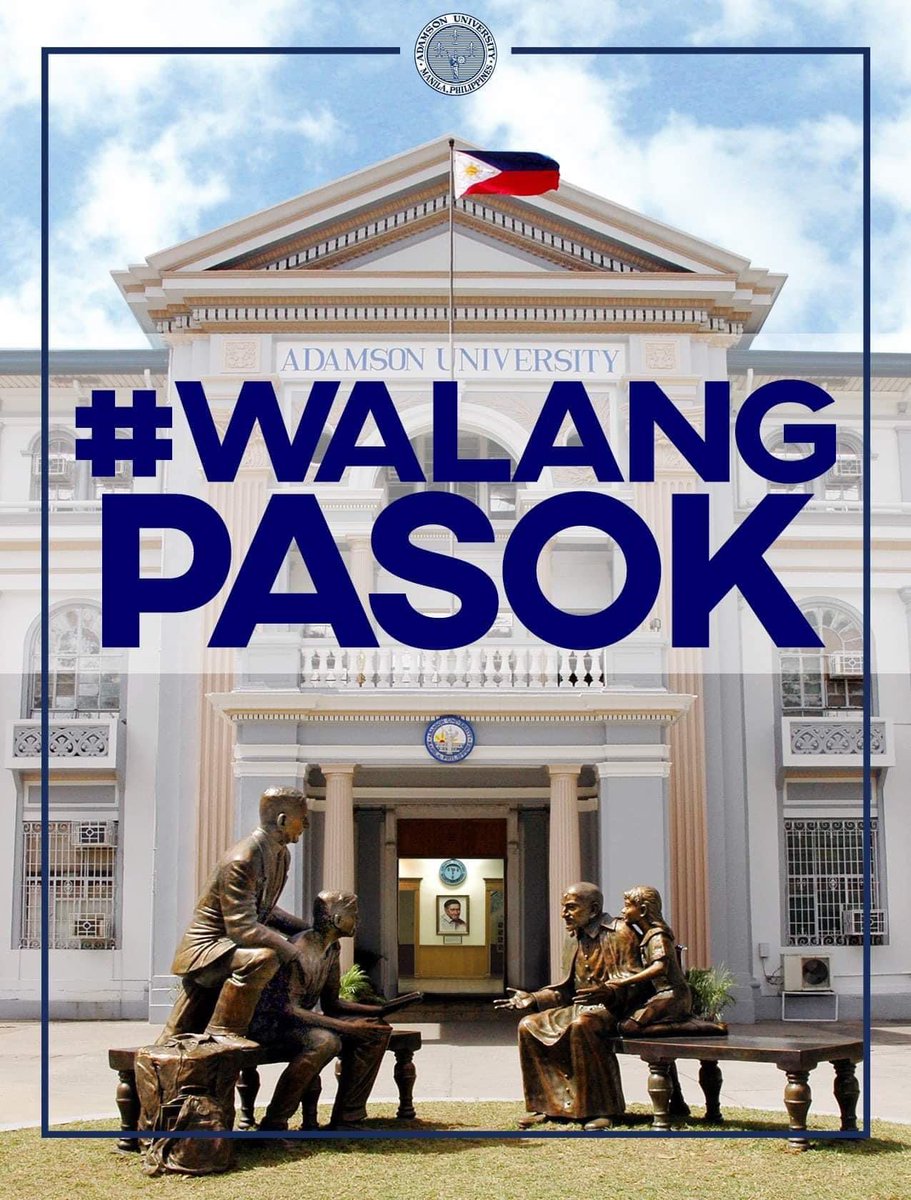 adamson_u's tweet photo. Following the announcement of the Office of the Manila Mayor this 9:00AM, classes in ALL LEVELS are suspended today, September 4, due to inclement weather.

Meanwhile, offices will remain open until 12:00PM.

Please be guided accordingly. https://t.co/cbCfZCX0Sm