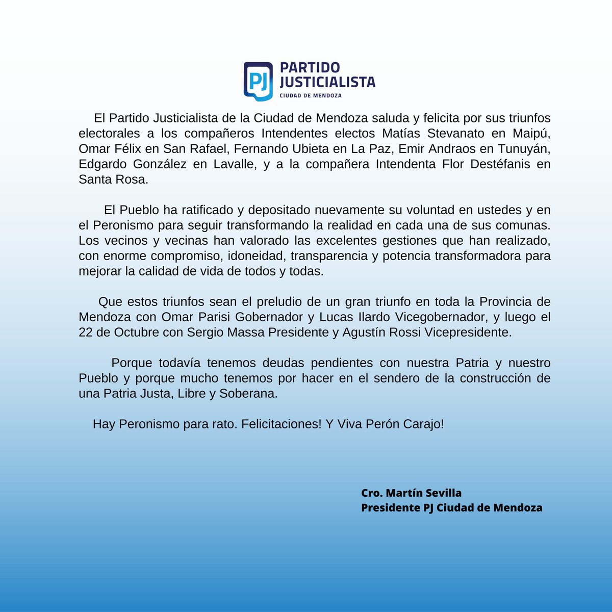 MSevillaMza's tweet photo. Felicitaciones compañeros @omarchafifelix @Ubietafer #EdgardoGonzalez @AndraosEmir @MatiasStevanato y compañera @MFlorDestefanis por sus respectivos triunfos. 
Viva Perón!!! Hasta la victoria siempre ✌️✌️✌️ https://t.co/1vWes25cMD