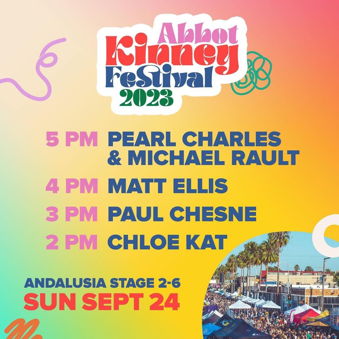 🎉 Get ready for an unforgettable day at the Abbot Kinney Festival! 🎶 Join us at the Andalusia stage Sunday, Sept 24, from 2pm-6pm for an incredible lineup of performances that will leave you mesmerized! 🌟 

abbotkinneyfest.com