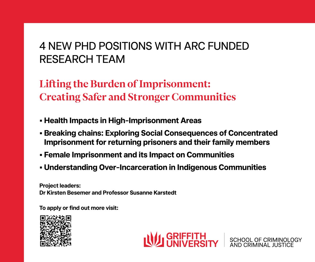 Interested in a  funded PhD and helping to better understand how we can improve experiences for individuals returning to the community (and their families) after imprisonment? Check out this amazing PhD opportunity with my brilliant <a href="/GriffCrimInst/">Griffith Criminology Institute</a> colleagues!