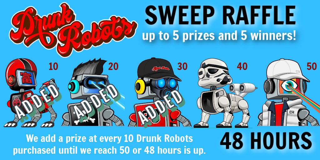 thedrunkrobots's tweet photo. Our Sweep Raffle is scheduled to end at 8:30 am PT 9/4

3 prizes are locked in - 18 more Drunk Robots to lock in the Storm Trooper and Rainbow Laser.

Floor bots are at double zeros and gas has been sweet!

It's a great time to be Drunk On Life! REPOST! https://t.co/M9dZicXLUj