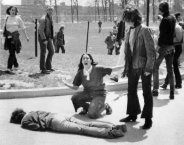 ACBeale's tweet photo. @alxcharlesdukes @AkronJackson However, situational &amp; historic awareness should be considered when representing a University. This history was never funny: The National Guard was called onto campus at Kent State when students were protesting the Vietnam War in 1970, fired into the crowd, killed 4 &amp; injured 9. https://t.co/boNLgQIAAa