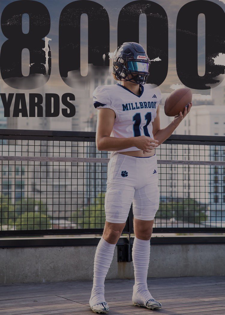 MBrookFootball's tweet photo. Congratulations to QB1 @m_fortune11 With his 300 yards Friday night against Garner @m_fortune11 has thrown for over 8,000 yards in his career at Millbrook. @MarshallLaymarr @MillbrookSports @Coach_Jenks @HighSchoolOT #goatem #passer #qb1 @Ebrooks6Ed https://t.co/x1A4OmyLTR