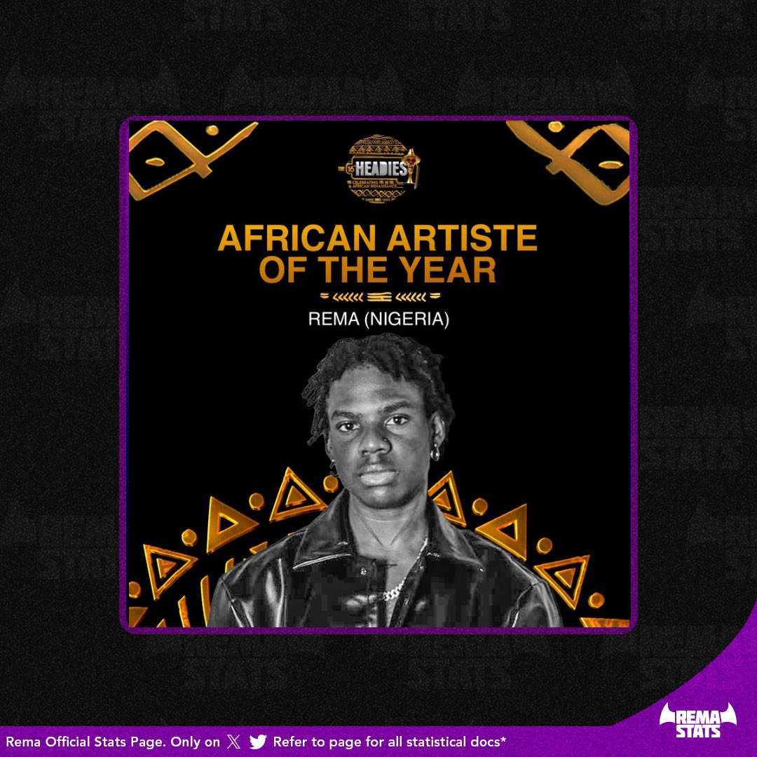 |📰
•@heisrema wins “African Artiste of the Year” at The 2023 Headies Awards.🏆❤️🎉
#TheHeadiesAwards #16thHeadies