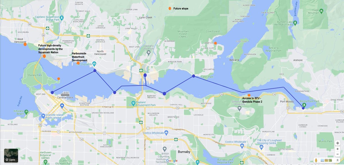 @604Now An inner-harbour commuter ferry service. This map shows suggested locations of wharves: Coal Harbour, #LonsdaleQuay, Round Cape (foot of Nanaimo), Maplewood (a growing residential/office hub), foot of Willingdon, Dollarton, and #PortMoody, with more Phase 2 stops. #BurrardInlet