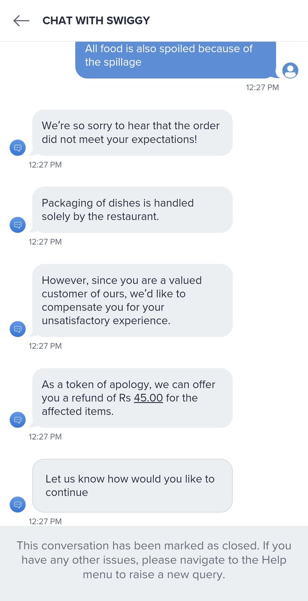absfiery's tweet photo. @SwiggyCares Your team is not giving any solution over the email. I am again attaching the images of food received and bill. Hopefully @Swiggy can clearly see that the entire package is spoiled cause of spillage and connot be consumed. Thus a refund of only Rs. 45 doesn't make sense. https://t.co/oTMAjosm36
