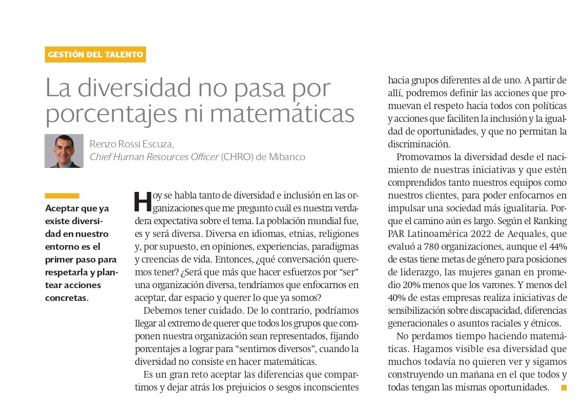 pedrofernandezc's tweet photo. ¡Mibanco está comprometido con la diversidad e inclusión!

Renzo Rossi, CHRO de Mibanco Perú, en su columna en Semana Económica nos ayuda a entender la diversidad como un reto y cómo los avances en ella han facilitado la inclusión. https://t.co/fqnq28wteW