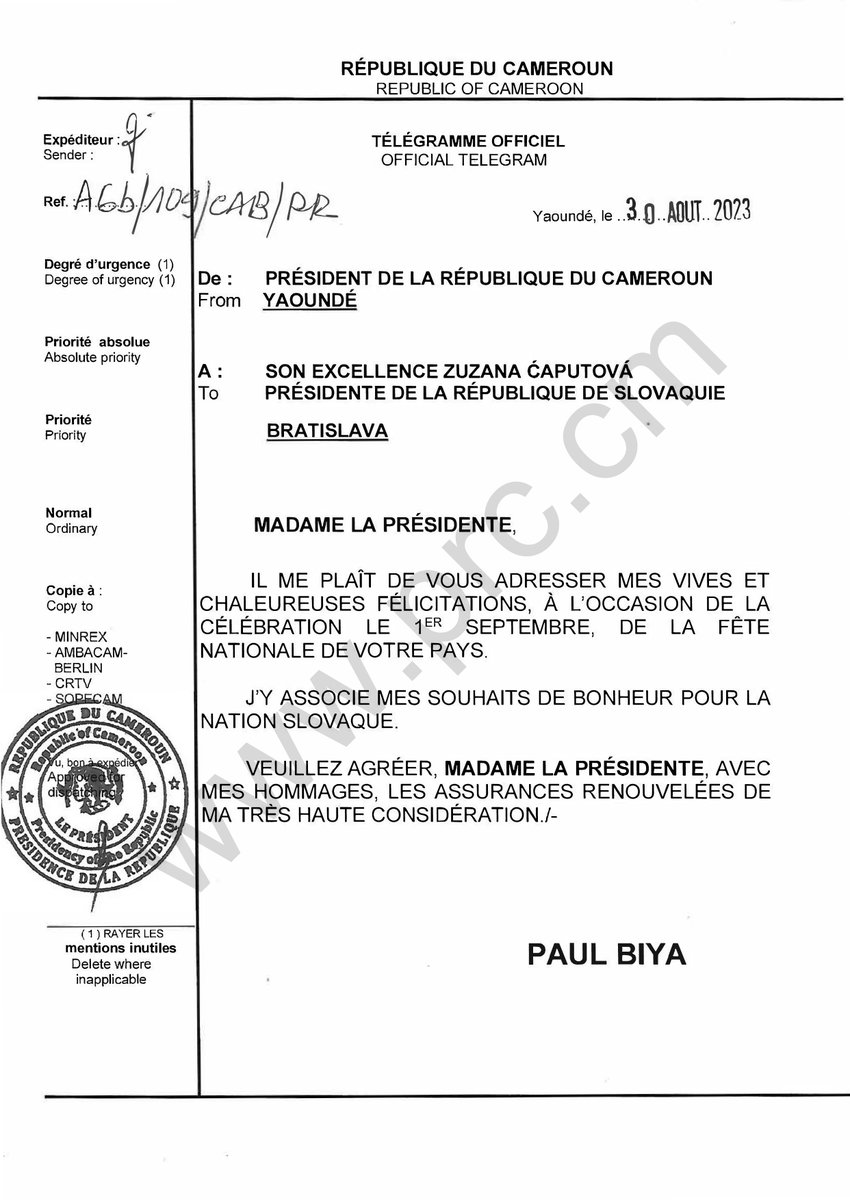 CabinetCivilPRC's tweet photo. 🇨🇲🇸🇰
Message de félicitations du Président Paul Biya à Son Excellence Zuzana Čaputová, à l’occasion de la célébration le 1er septembre 2023, de la fête nationale de la République de Slovaquie.
#PaulBiya
#Cameroun https://t.co/5sNgfDHeKW