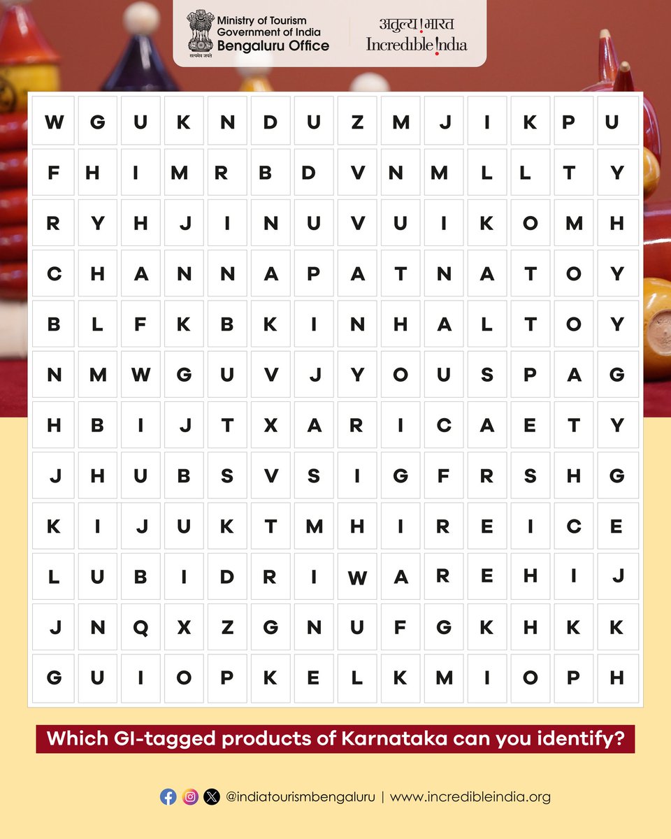 Did you know that #Karnataka is one of the states with the highest #GeographicalIndication (GI) tags? How many GI-tagged products of Karnataka can you spot in the #wordjumble, reply with the names of the products 👇

@KarnatakaWorld 

#VisitIndiaYear2023