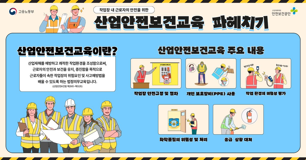 KOSHAnet's tweet image. 산업안전보건교육 파헤치기!📝

어떠한 교육 내용이 있는지
안전보건공단 블로그에서 확인해 보세요!
🔗bit.ly/45BakEi

#안전보건공단 #산업안전보건교육
#안전수칙 #안전 #교육 #안전교육
#사고예방 #사고예방법 #위험성평가
#TBM #작업전안전점검 #안전점검