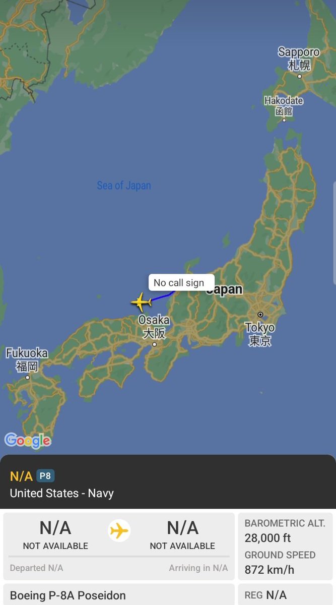 Oceanworldfree's tweet photo. 🇺🇲 USN #AE67C3 toward #KoreaStrait, &amp; #EastChinaSea

Boeing P-8 Poseidon https://t.co/USHvCWQpWP