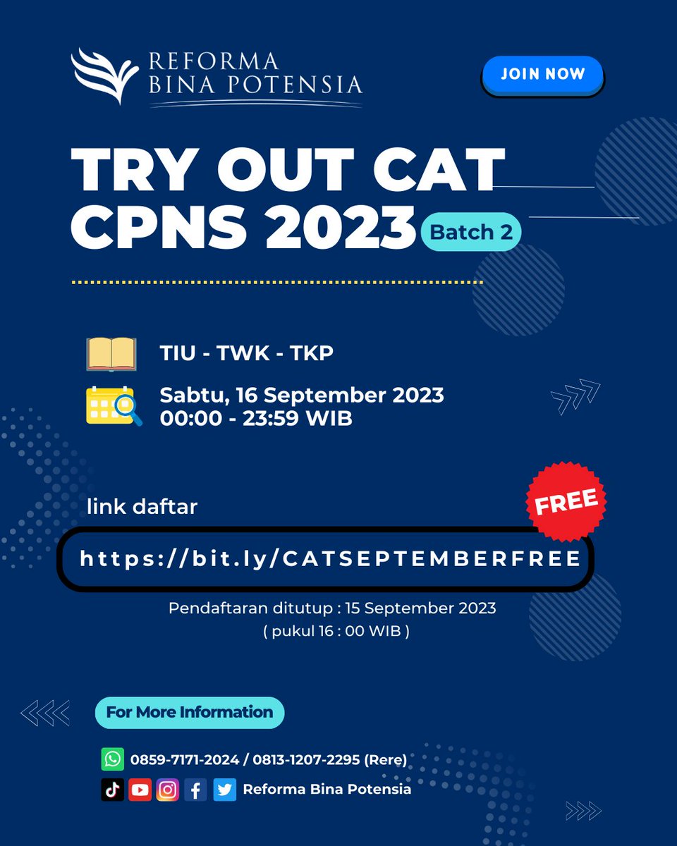 rbpotensiaid1's tweet photo. Pendaftaran Tryout CAT CPNS 2023 SECARA GRATIS SUDAH KAMI BUKA KEMBALI!!

Kuota terbatas, daftarkan dirimu sekarang di Link berikut:
https://t.co/aq0L6YADhy

#cpns #cpns2023 #casn #pppk #pns #tryoutcpns #tryoutcat https://t.co/idKwGavDGk