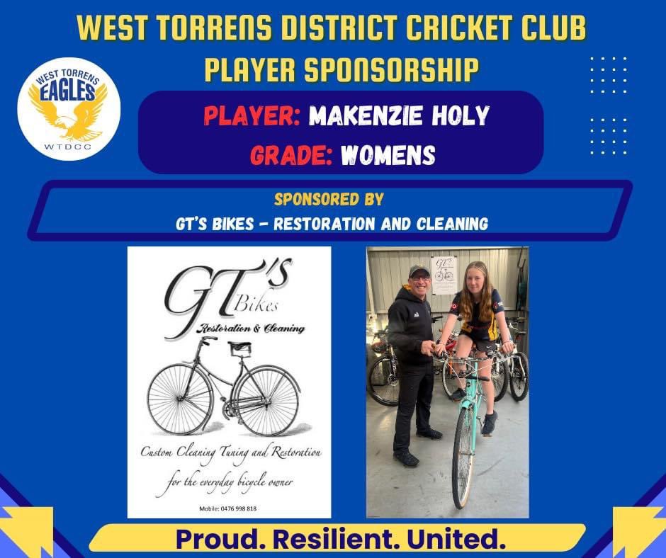 Western_Eagles's tweet photo. PLAYER SPONSOR
Player: Makenzie Holy
Grade: Womens
Player Sponsor: GT’s Bikes - Restoration and Cleaning
Thanks to GT’s Bikes - Restoration and Cleaning, who in 2023/24 will be a player sponsor for West Torrens District Cricket Club Womens player Makenzie Holy. https://t.co/jLC1jIWe8E