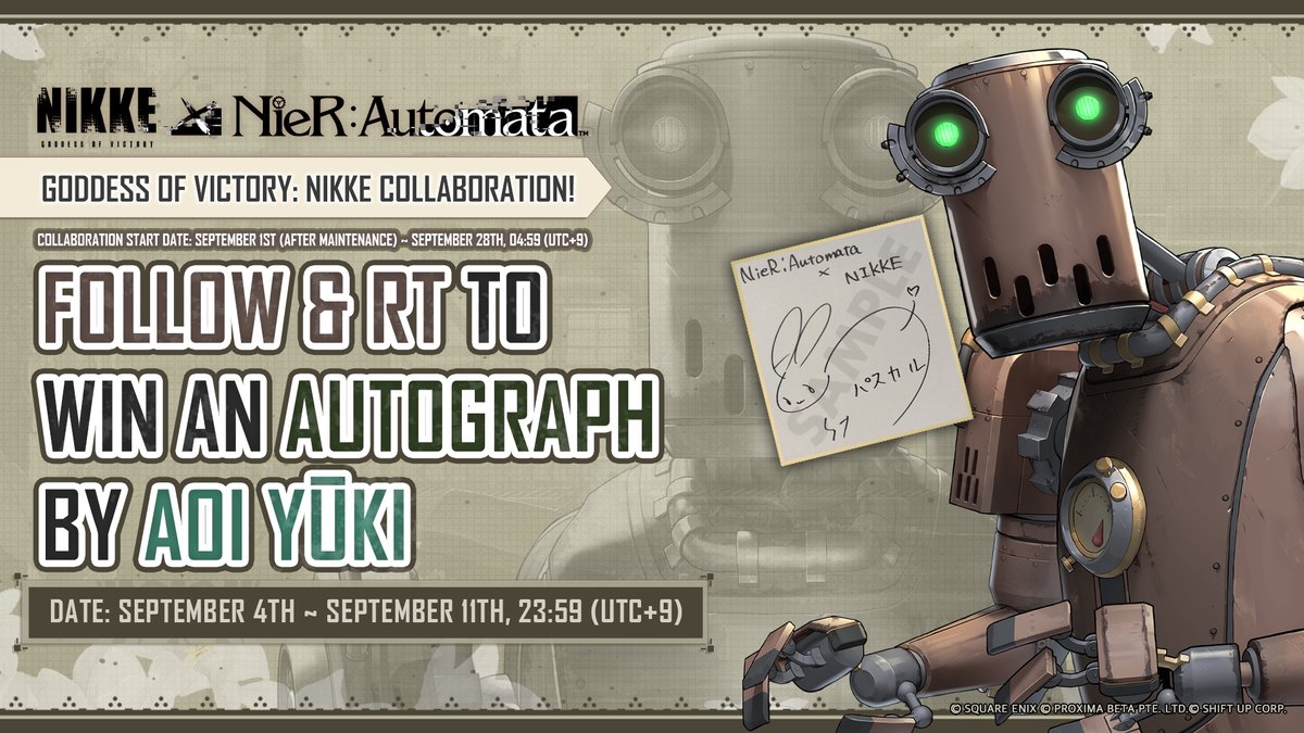 【Autograph Giveaway Event】 We are giving away an Autograph of the voice actor behind Pascal - Aoi Yūki! We look forward to your participation!☀ How to Join 1. Follow @NIKKE_en 2. RT this post Event Duration 📅 9/4 ~ 9/11 23:59 #NIKKExNieR #NIKKE #Pascal
