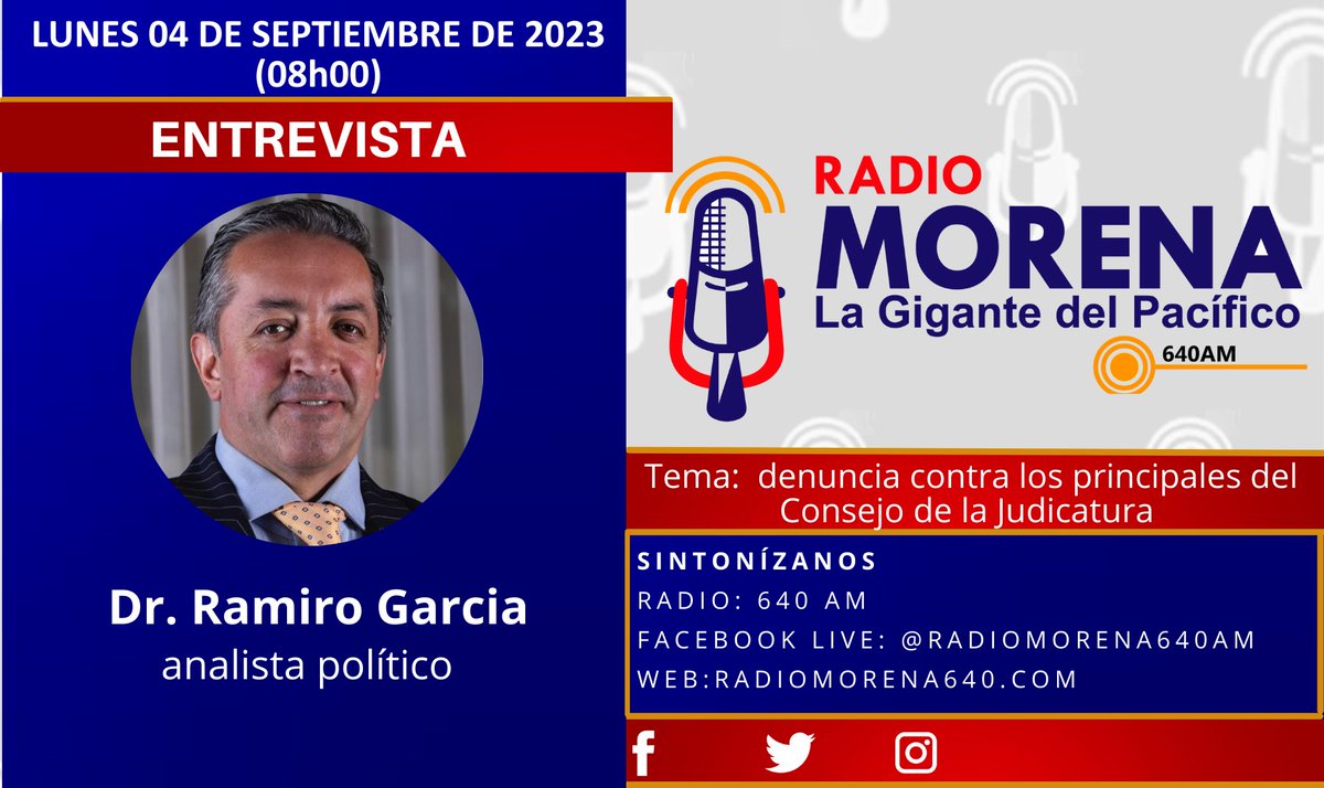 RadioMorena640's tweet photo. Los invitamos a sintonizar #RadioMorena 640 AM, nuestros invitados de este lunes 04 de septiembre de 2023 en #MorenaNoticias 

Nos pueden sintonizar por:
Nuestro dial 640AM
Facebook Live: radiomorena640
En la Web: https://t.co/RaXKyBvSRI https://t.co/7JY9o42ZiE
