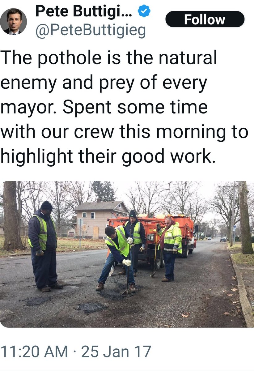 realErikJuergen's tweet image. "The pothole is the natural enemy and prey of every mayor." - Mayor Pete

😂🤣

#BikeMayor
#MayorPetesPotholes
