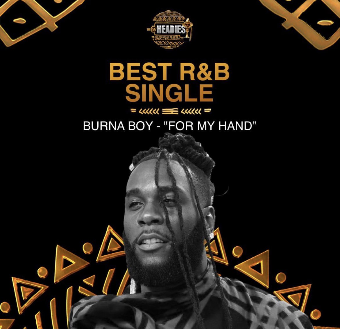 Burna Boy also won the 'Best R&B Single' for 'For My Hand' at the #16thHeadiesAwards

— Burna Boy has now won a total of 9 Headies Award
— He's tied as the Artist with the most win tonight.

#Headies 
#TheHeadiesAwards
#16thHeadies