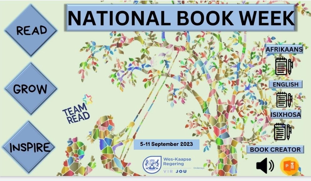Karen Dudley (@karenr_dudley18) on Twitter photo Attached interactive poster with links to activities for National Book Week, 5 - 11 September 2023
It can be found on the ePortal wcedeportal.co.za/eresource/2365…
#TeamRead 📚📙📘 #GETIsGoingMAD
<a href="/WCEDnews/">WCEDNews</a> <a href="/WCED_CTLI/">Cape Teaching and Leadership Institute</a> <a href="/teachingconnect/">Juan Benjamin</a> <a href="/almaret_toit/">Almaret Du Toit</a> <a href="/WesternCapeGov/">Western Cape Gov</a> <a href="/WCED_Districts/">WCED_CD Districts</a> Attached interactive poster with links to activities for National Book Week, 5 - 11 September 2023
It can be found on the ePortal wcedeportal.co.za/eresource/2365…
#TeamRead 📚📙📘 #GETIsGoingMAD
<a href="/WCEDnews/">WCEDNews</a> <a href="/WCED_CTLI/">Cape Teaching and Leadership Institute</a> <a href="/teachingconnect/">Juan Benjamin</a> <a href="/almaret_toit/">Almaret Du Toit</a> <a href="/WesternCapeGov/">Western Cape Gov</a> <a href="/WCED_Districts/">WCED_CD Districts</a>