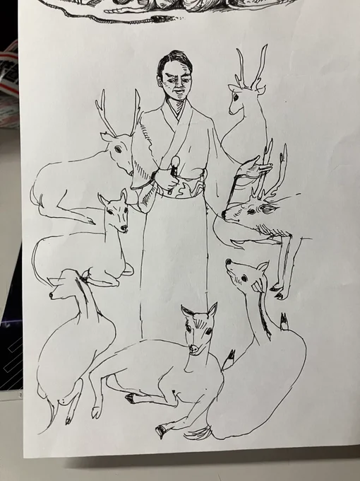中堅演歌歌手風男性を鹿と戯れさせてみました。描けんのか?私最後まで描き切れんのか? 