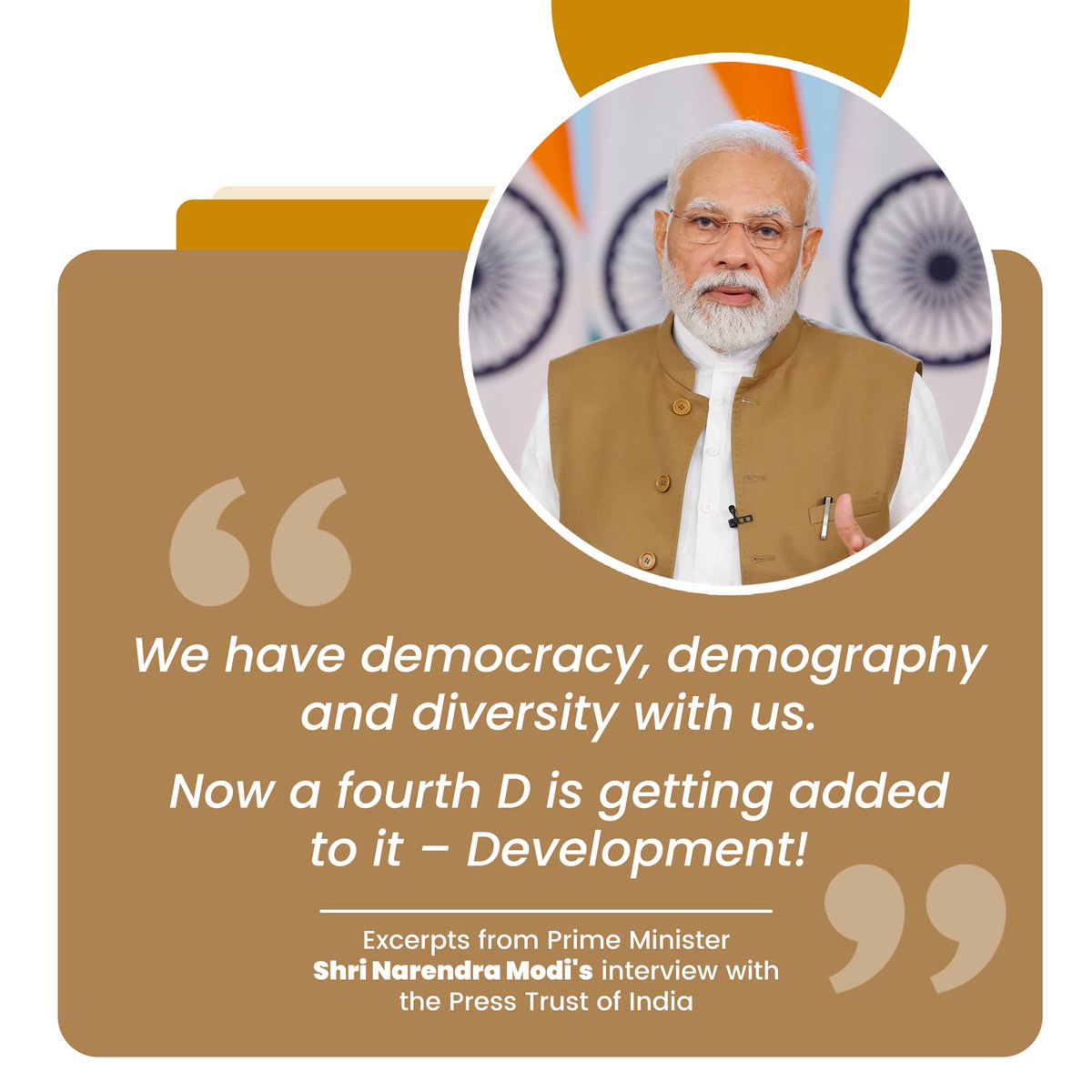 jaswantjain81's tweet photo. We have democracy, demography and diversity with us.
Now a fourth D is getting added to it- Development!
- Excerpt from Prime Minister Shri @narendramodi's interview with the Press Trust of India
#InvincibleModiJi #ModiGovernment https://t.co/EaYiFrKmog