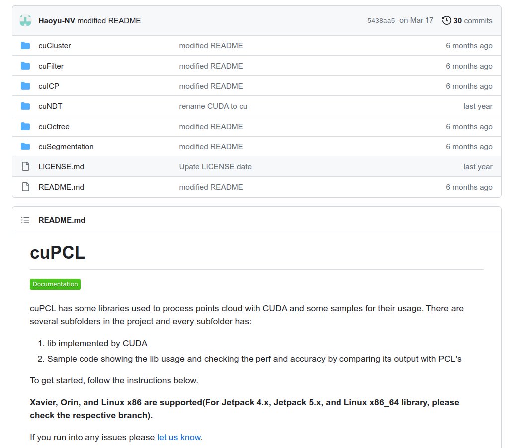 rsasaki0109's tweet photo. NVIDIA-AI-IOT/cuPCL
cuPCL has some libraries used to process points cloud with CUDA and some samples for their usage.
https://t.co/6Vy4evmULy https://t.co/k8IWo8wn9h