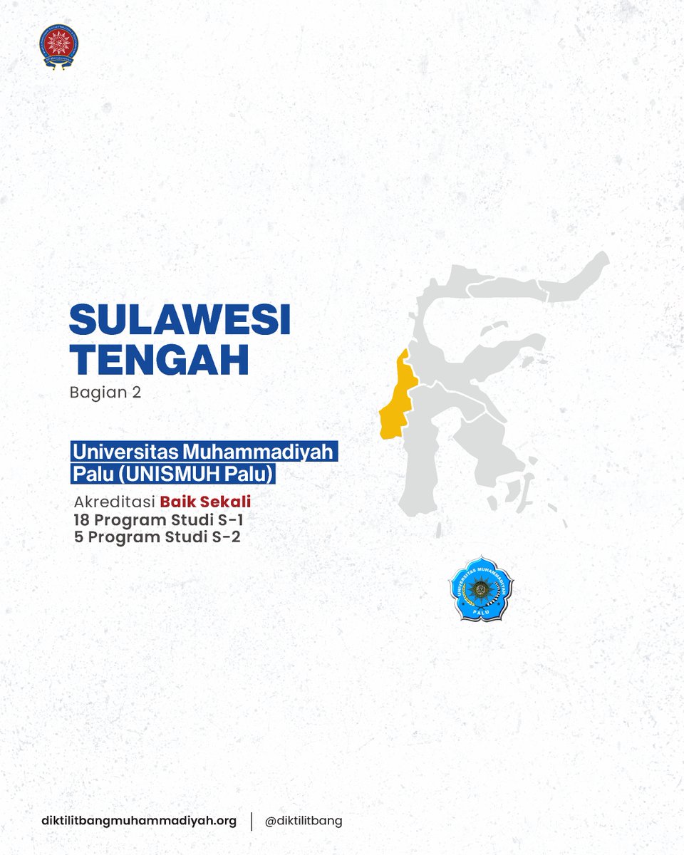 diktilitbang's tweet photo. Sebaran Perguruan Tinggi Muhammadiyah 'Aisyiyah (PTMA) di Sulawesi (Bagian 2)
Pertama, ada Universitas Muhammadiyah Palu (UNISMUH Palu) di Sulawesi Tengah dengan akreditasi Baik Sekali menawarkan 18 Prodi S-1 & 5 Prodi S-2
#infosulteng