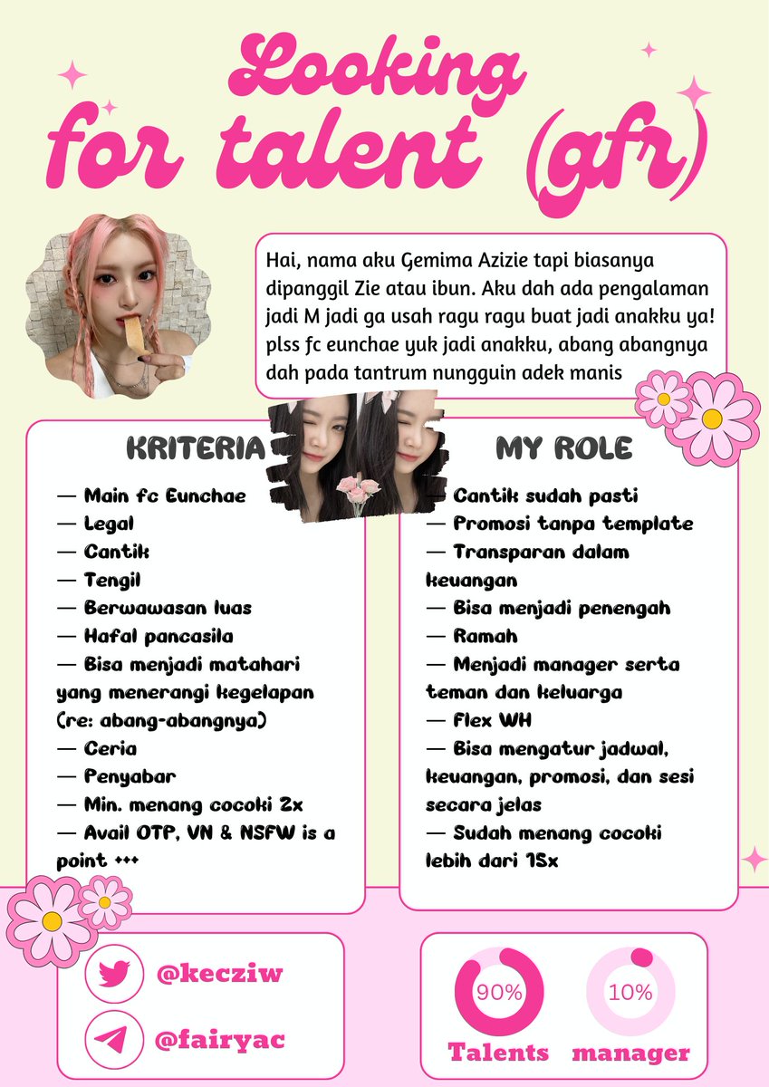 [Retweet will be appreciated)

Haii, dengan ibun meneji yang sedang mencari seorang gfr yang memiliki main fc Eun-chae untuk diasuh. Boleh baca CV dibawah ini yaa dan bisa langsung hubungi aku via telegram untuk lebih lengkapnya 🧚‍♀️