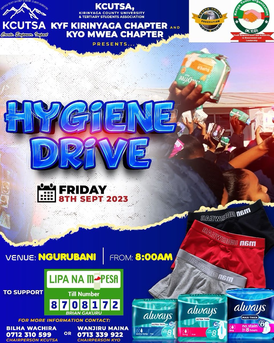 KCUTSAKIRINYAGA's tweet photo. Good morning all, it's a 4 Day's countdown towards the awaited day #Hygienedrive on Friday 8th September at NGURUBANI, Mwea Constituency.
Let's join hands for the success of this.
Have a blessed week too from KCUTSA.
#MweaKwanza #theyoungfuture #kcutsa https://t.co/qpZ2XWJO3v