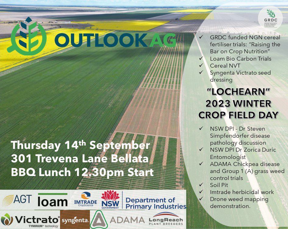 Outlook Ag Field Day next Thursday 14th September, from 12:30pm at ‘Lochearn’ Bellata . Showcasing a number of trials including our NGN trial with GRDC #springfielddays #trials #GRDC #AGT #longreach #loambio #imtrade #syngenta #adama #NSWDPI #raisingthebaroncropnutrition