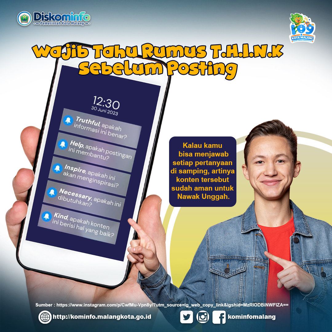 Menerapkan rumus T.H.I.N.K akan membantu kita menjadi lebih bijaksana dan bertanggung jawab dalam mengunggah konten. Supaya nantinya, postinganmu gak merugikan diri sendiri ataupun orang lain. Menurut #NawakKominfo, apalagi manfaat dari melakukan rumus ini? Komen di bawah, ya!