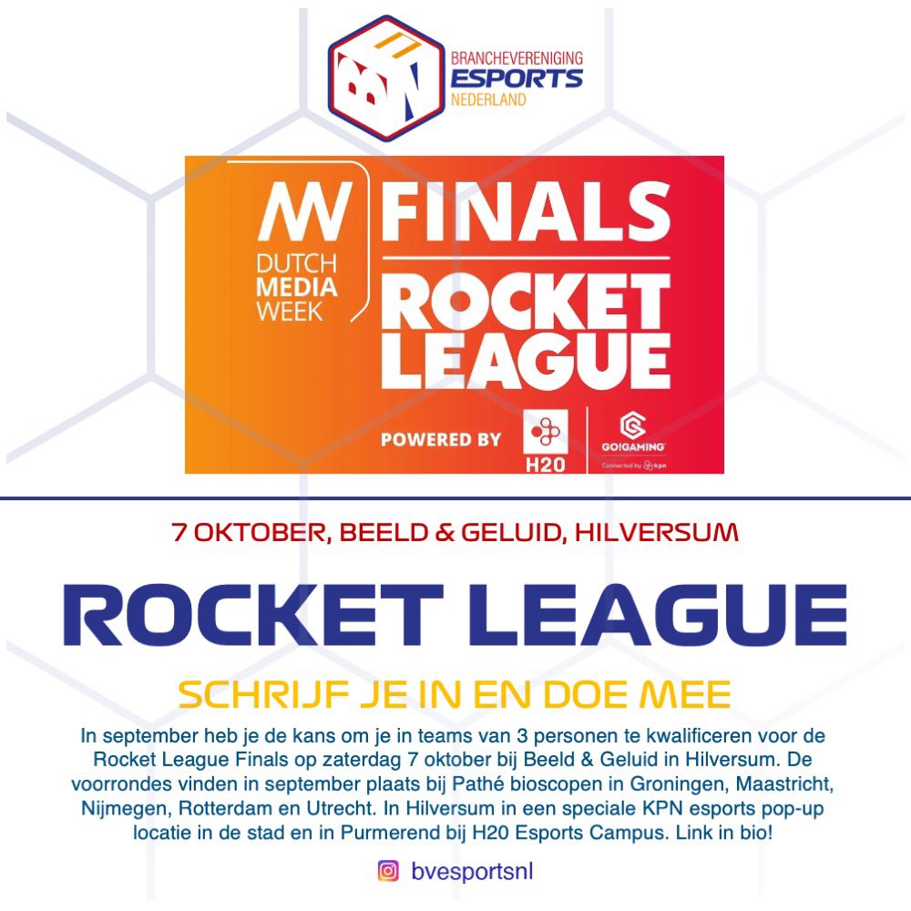 bvesportsNL's tweet photo. Schrijf je in en doe mee! Kwalificaties in september, finale op zaterdag 7 oktober. Link: https://t.co/DZal1ZGiUf 

@DutchMediaWeek @BeeldenGeluid @KPN @GoGamingNL @EsportsH20 

#rocketleague #dutchmediaweek #brancheverenigingesports https://t.co/QgUnL8Y75g