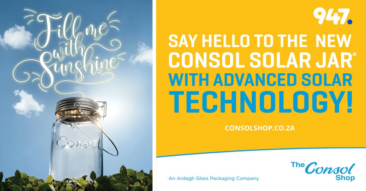 947's tweet photo. The new Consol Solar Jarยฎ with advanced solar technology is here.
With some brilliant new features & a bigger focus on sustainability than ever before.
Available at your nearest Consol shop or https://t.co/aRNdpRvOFR
#FillMeWithSunshine #NewConsolSolarJar #SolarPower https://t.co/pCn0uRnewe