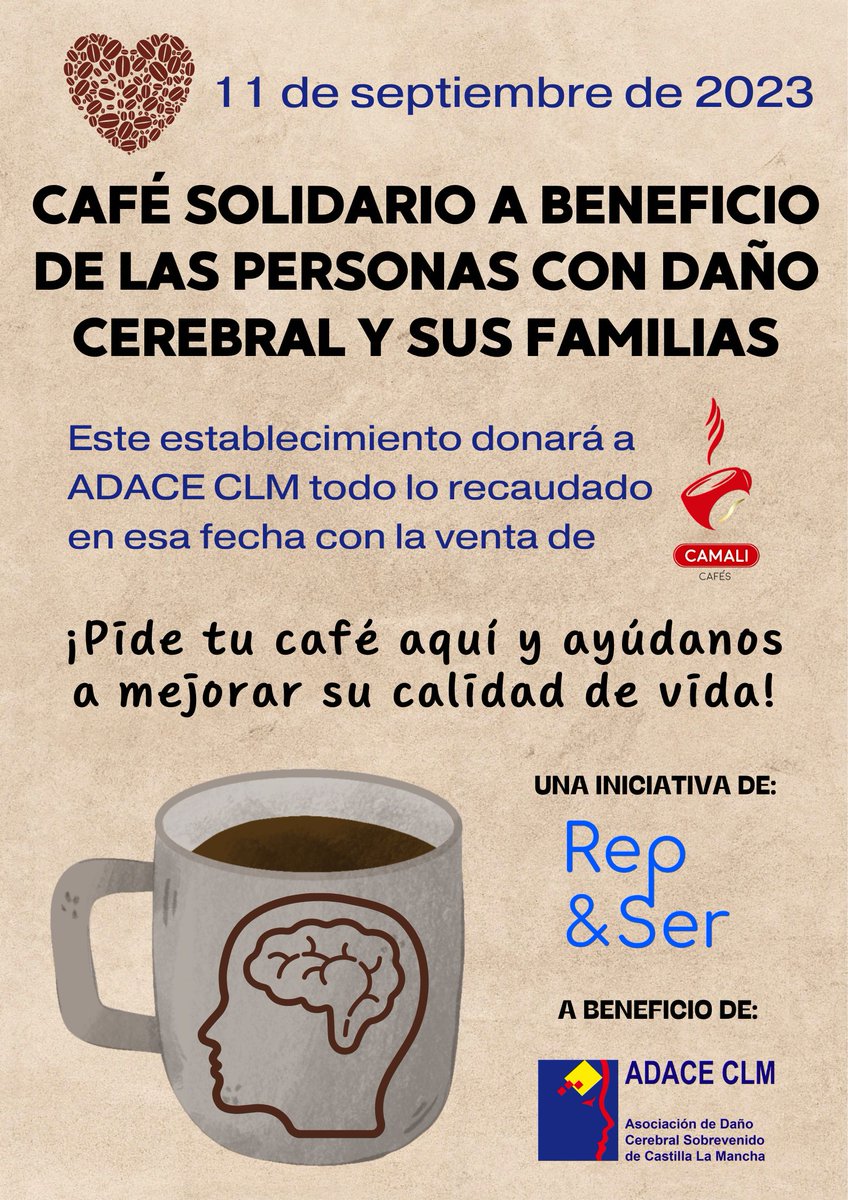 ☕️Participa en el Café Solidario a favor de las personas con #dañocerebral y sus familias en el estand de <a href="/CafesCamali/">Cafes Camali</a> en la #FeriadeAlbacete 
🧠💙Toda la recaudación obtenida el 11 de septiembre se destinará a ADACE CLM.
‼️🙏📢Ayúdanos a difundir
ℹ️ adaceclm.org/2023/09/04/caf…