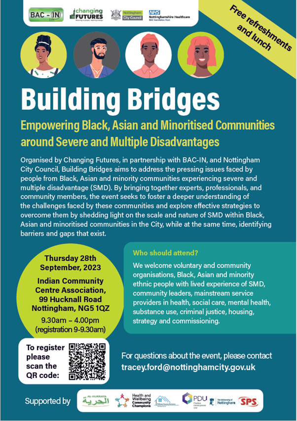 On the 28th September, <a href="/OppNottingham/">Changing Futures Nottingham</a> are holding their Building Bridges event at the Indian Community Centre.

The event will explore the issues and experience of SMD from a culturally sensitive perspective.

Register here: eventbrite.co.uk/e/building-bri…