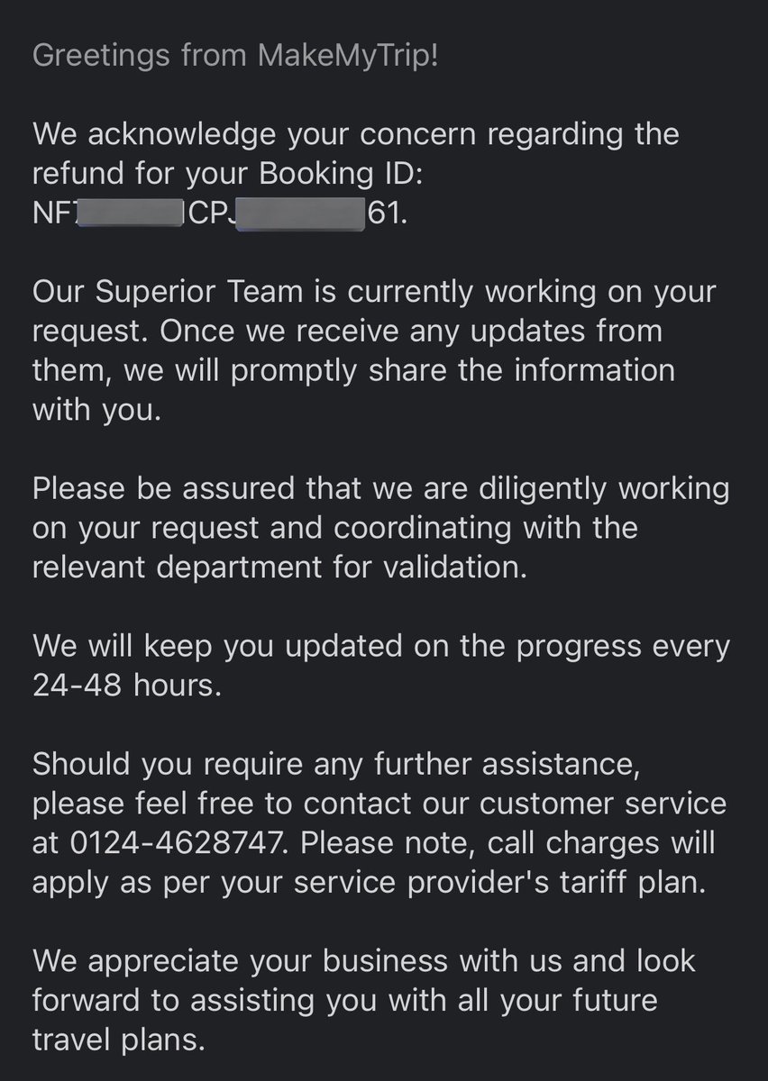 UrviBhuwania's tweet photo. @makemytrip I cancelled a flight booking on 27 June 2022 (yes, last year). And yet, in September 2023 (over 14 months later) no refund in sight. What I have instead is an inbox full of copies of this email from your executives. Too much to ask for my money back? #MakeMyTrip https://t.co/Xll8BMF0uO
