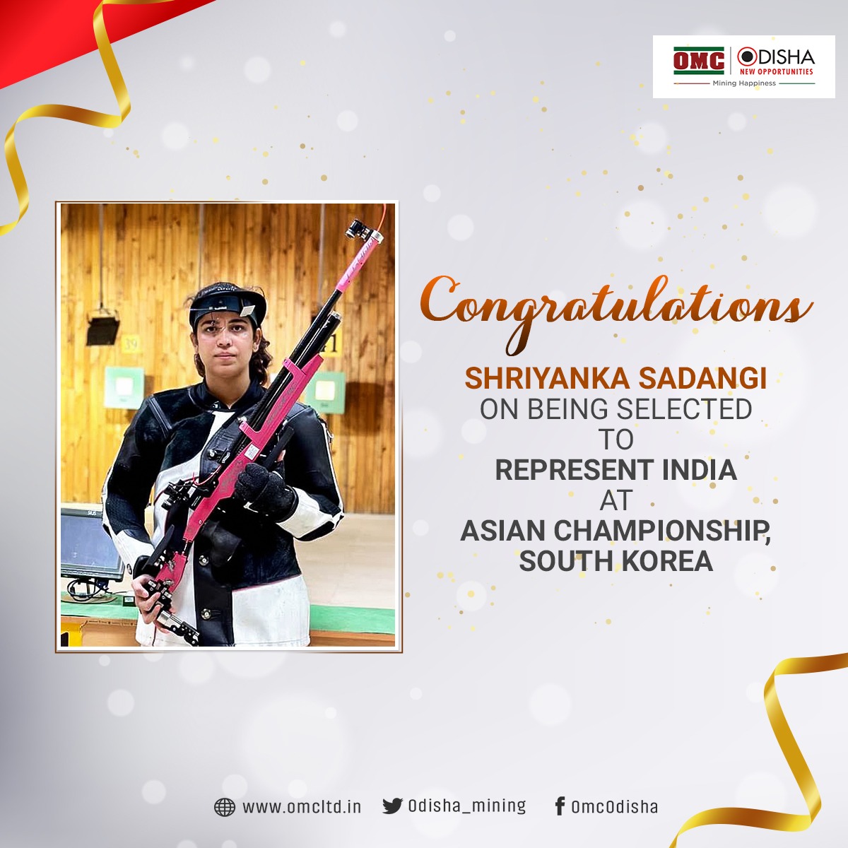 OMC congratulates Shriyanka Sadangi, selected to represent India in women’s 10m air rifle &amp; 50m rifle 3-position events at the Asian Championship, South Korea in October. We are proud of our employee and wishing her ALL THE BEST for the tournament. #MiningHappiness