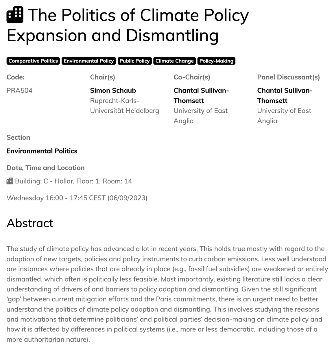 GusGreenstein's tweet photo. Excited to be in gorgeous Prague for #ecprgc2023, and to present joint work on conservation policy durability alongside exciting papers on "The Politics of Climate Policy Expansion and Dismantling." Join @jamespatt10,@SimonSchaub5, @levariosaad, @chantalS_T, and me Weds at 16:00! https://t.co/UMRHPssl5O