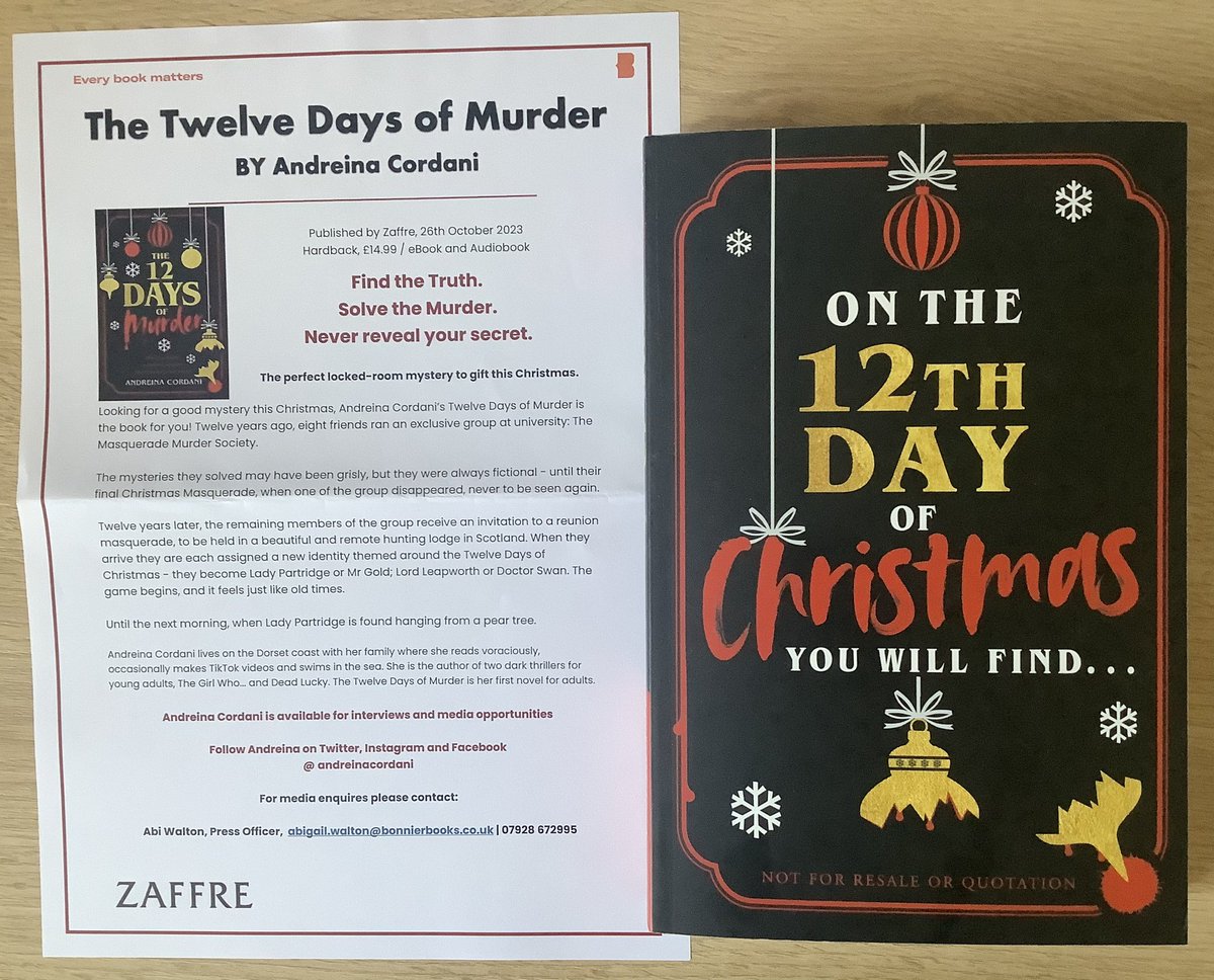Lindahill50Hill's tweet photo. Thank you so much @AbiWalton4 for my #blogtour proof of @AndreinaCordani #TheTwelveDaysOfMurder out from @ZaffreBooks 26th October
I have a feeling this is going to be a cracker! https://t.co/50bZWQjFGn