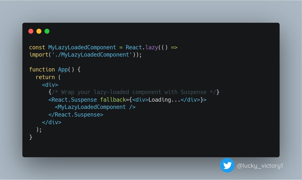 CodewithVeek's tweet image. 🚀 React Tip: If your React app has performance bottlenecks, consider using React.lazy() and Suspense for code splitting. This can significantly speed up initial load times by loading components only when needed! 📈💻 #ReactTips #WebDev