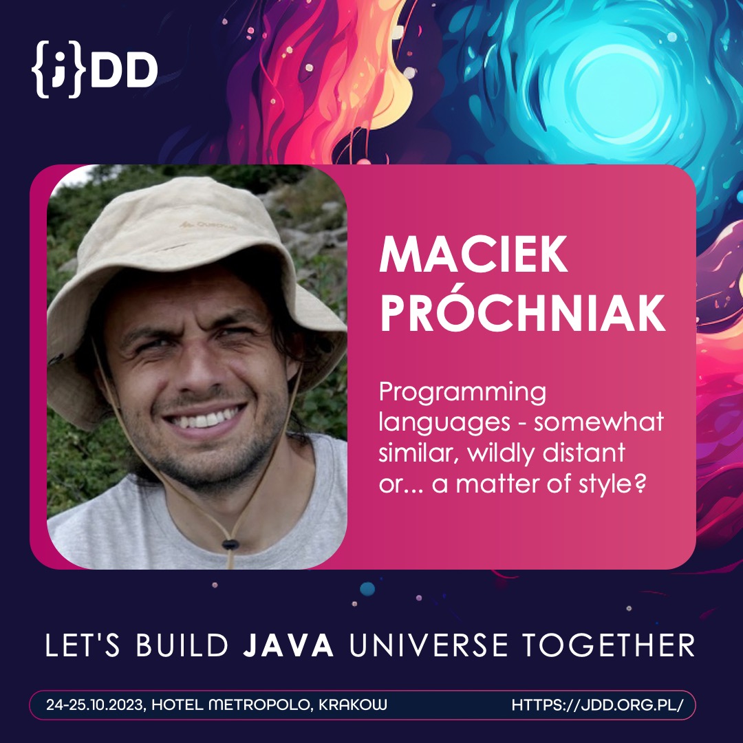 📣 On stage at #JDDKrakow - Maciek Próchniak!

💡 His lecture will focus on “Programming languages - somewhat similar, wildly distant or... a matter of style?”.

More at 👉 bit.ly/3LdaklF

#speaker #JDDKrakow #Java #developers #conference #programming #languages