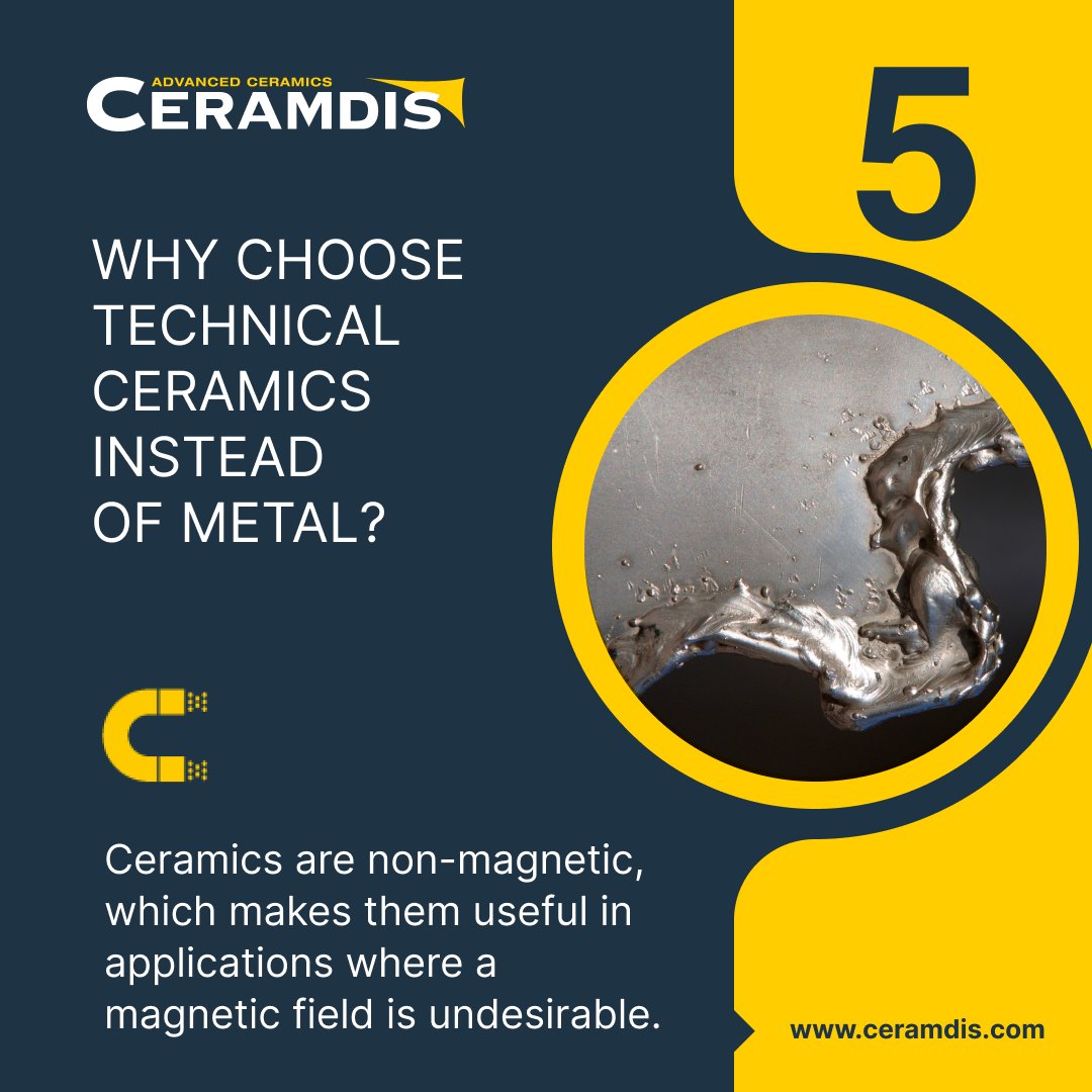 ceramdis's tweet photo. Why choose technical ceramics instead of metal?

5. Ceramics are non-magnetic, which makes them useful in applications where a magnetic field is undesirable.

#siliconnitride #aluminiumnitride #boronnitride #zirconiumoxide https://t.co/IAXgPqgZ4E https://t.co/UceRRfifse