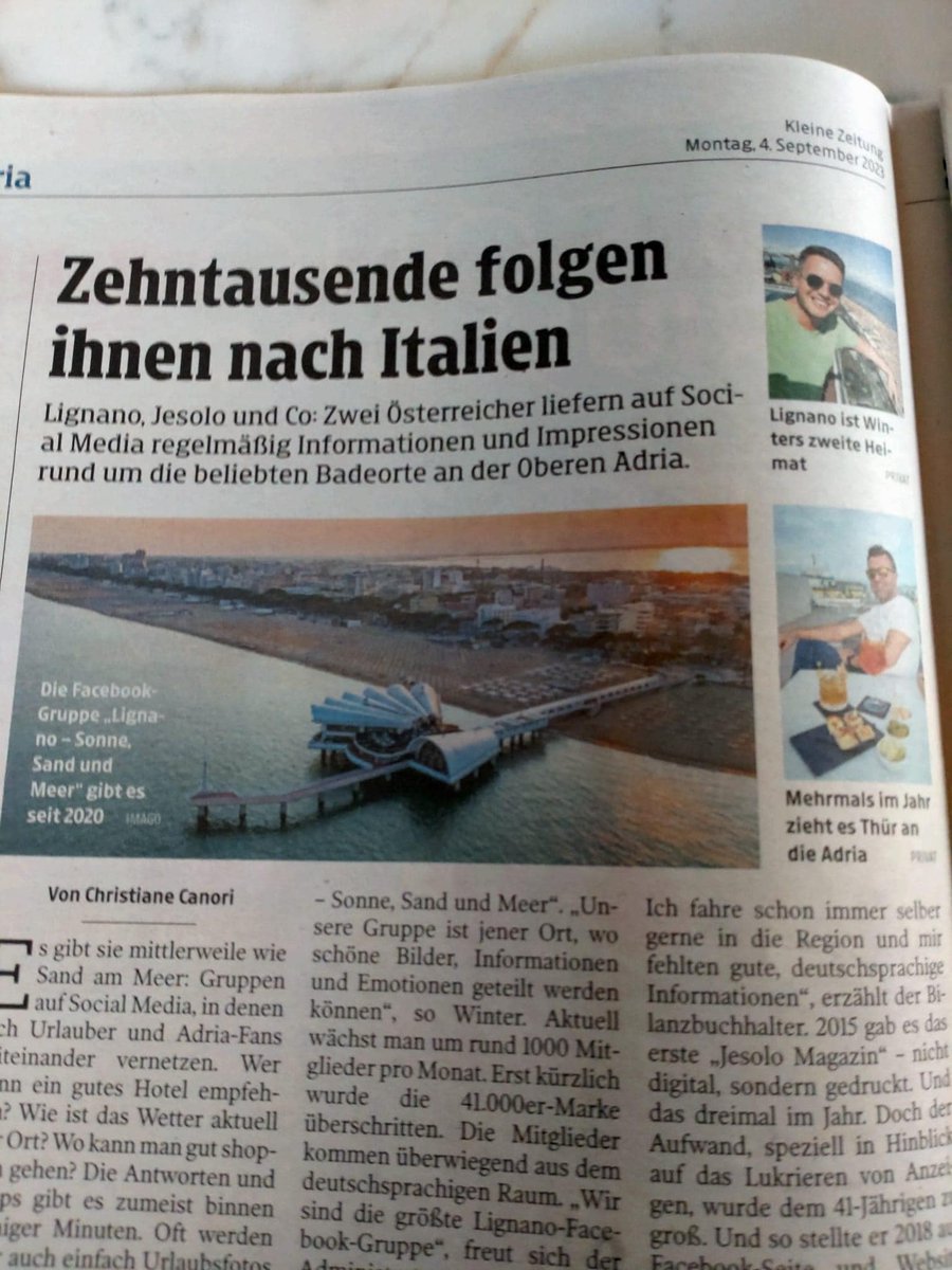 cwin1000_'s tweet photo. „Zehntausende folgen ihnen nach Italien“, ein toller Artikel über Christoph Thür und mich in der @kleinezeitung . Unsere Online-Plattformen @LignanoJournal  und @JesoloMagazin werden vorgestellt. Danke dafür! @FVGlive  @LignanoSabb  @LignanoLignano @LignanoHoliday @LignanoP https://t.co/W60n0OGtby