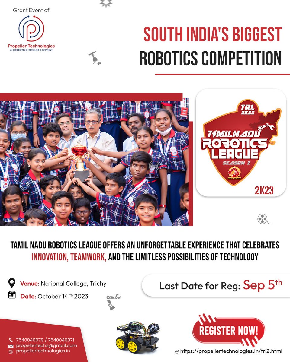 Shout out to all the tech enthusiasts, young inventors, and robotics aficionados! #PropellerTechnologies #TamilNaduRoboticsLeague2K23 #TRL #TRL2K23 #TamilNaduRoboticsLeague #TechShowdown #InnovationUnleashed #RoboticsRevolution #FutureTech #InspiringInnovation #GetReadyToRumble