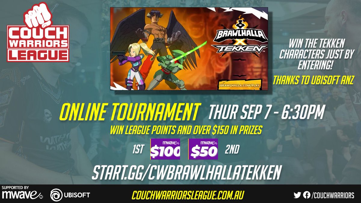 Celebrating <a href="/Brawlhalla/">Brawlhalla</a> x <a href="/TEKKEN/">TEKKEN</a> with a free tournament!
⏰Sep 7, 6:30pm AEST
🔗start.gg/cwbrawlhallate…

🎧 Tekken + Brawlhalla commentators <a href="/BrownmanFgc/">Brownman ✈️ Tokyo 🇯🇵</a> <a href="/thatjerryboy/">Jerry</a> 
🎁 WIN: Tekken pack to Top 4, Door, Viewer 
+ Social! Share this post to win

Thanks @ubisoftanz +<a href="/MwaveAu/">Mwave</a>