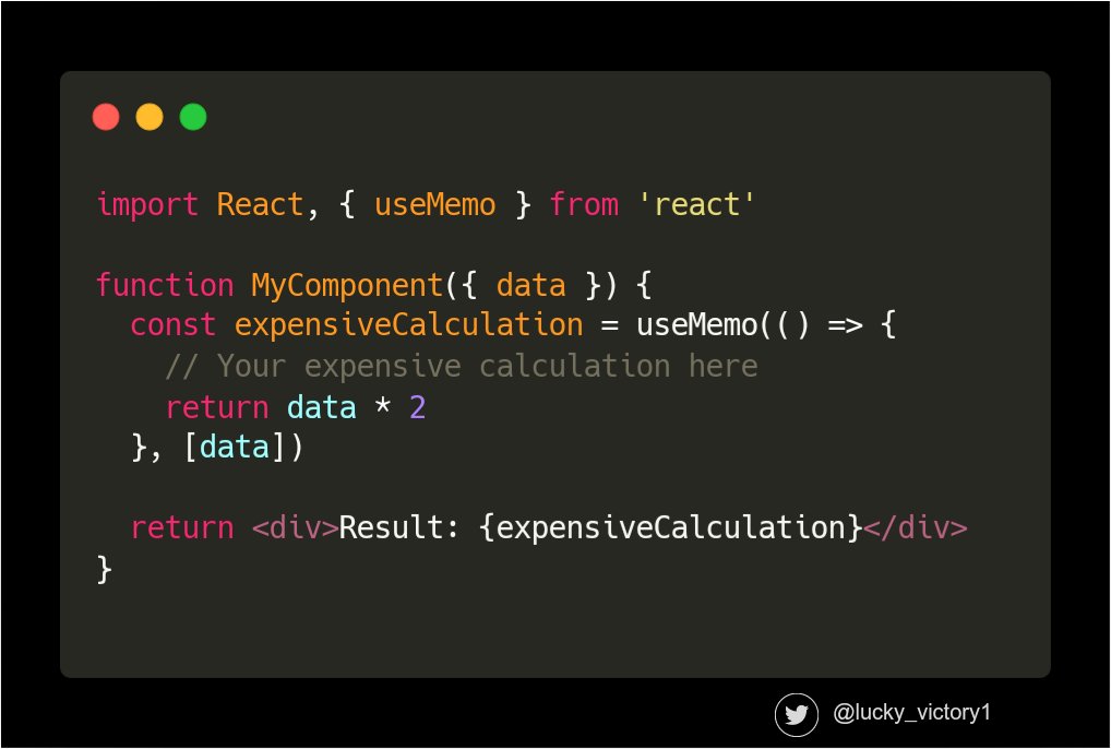 CodewithVeek's tweet image. 🚀 React Performance Tip: Minimize re-renders by using the useMemo hook for memoization. It&apos;s a powerful tool to optimize your components and avoid unnecessary calculations! 📈💡 #ReactTips #WebDev