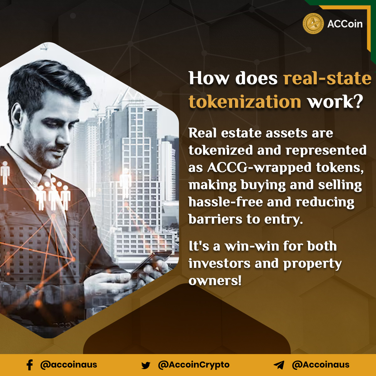AccoinCrypto's tweet photo. How does #realstate tokenization work?

Real estate assets are tokenized and represented as #ACCG-#wrapped tokens, making buying &amp; selling hassle-free and reducing barriers to entry

FOLLOW US: https://t.co/UrxjhwCcB0

#cryptotokens #tokenwrapping #crypto #binance #Cryptocurrency https://t.co/71upjn4mpC