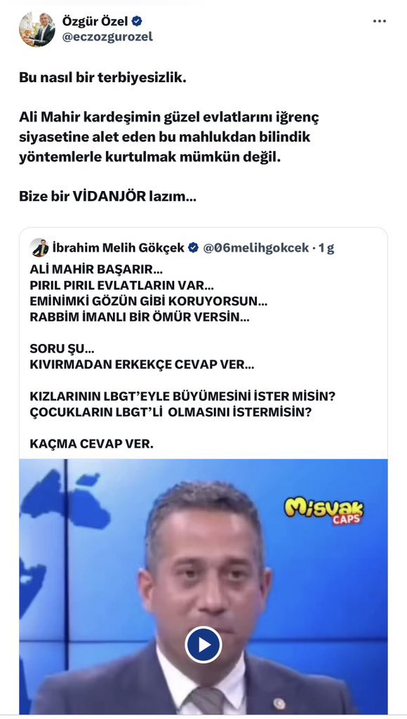 Özgür Özel! Evlatları siyasete karıştırmak nedir, söylesene! Şerefsizlik mi? Onursuzluk mu? Operasyon çocukluğu mu? Neyse adını koy sonra bunu cevapla: 3 kızı 3 oğlu olan şahsım cezaevine girdikten sonra arkamdan televizyona çıkıp firari FETÖ’cü Operasyon Çocuklarının “Fatih
